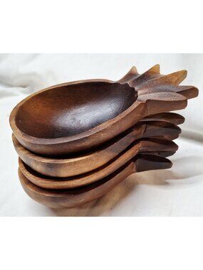Home Or Kitchen Set Of 4 Hand-Carved Wooden Pineapple-Shaped Bowls Rustic